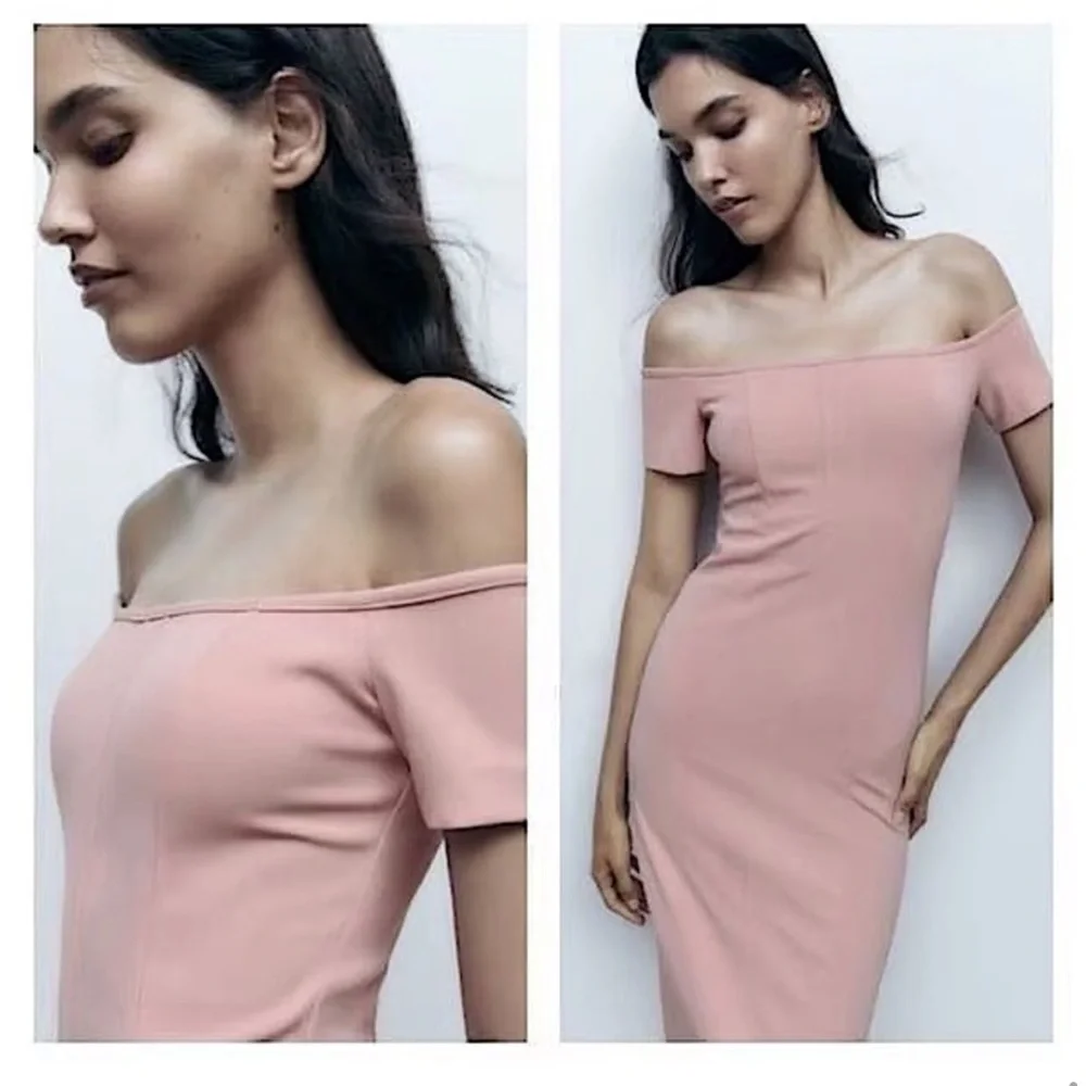 🆕(NWT) ZARA Bloggers Fav Blush Pink Off-The-Shoulder Sheath Midi/Maxi Dress. LG - Picture 10 of 15